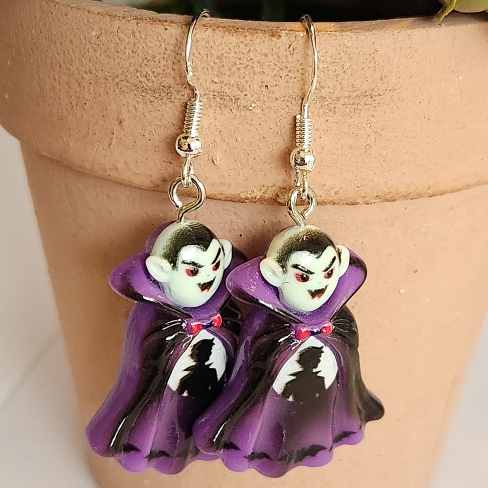 Vampire Count Dracula Halloween Dangle Earrings Purple Black Gothic Resin Hook - Picture 4 of 5